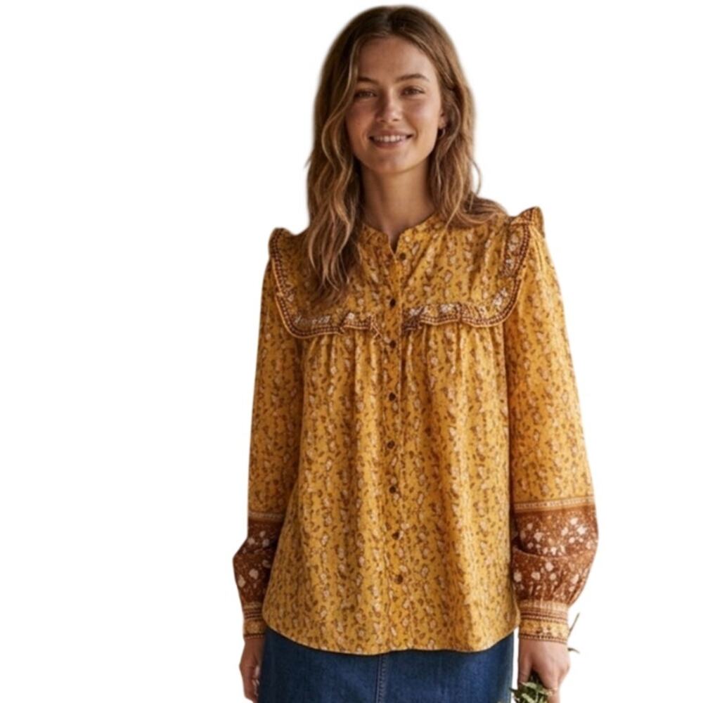 Joie Ruffled Button Blouse Womens Medium Mustard Floral Mixed Print Peasant Top